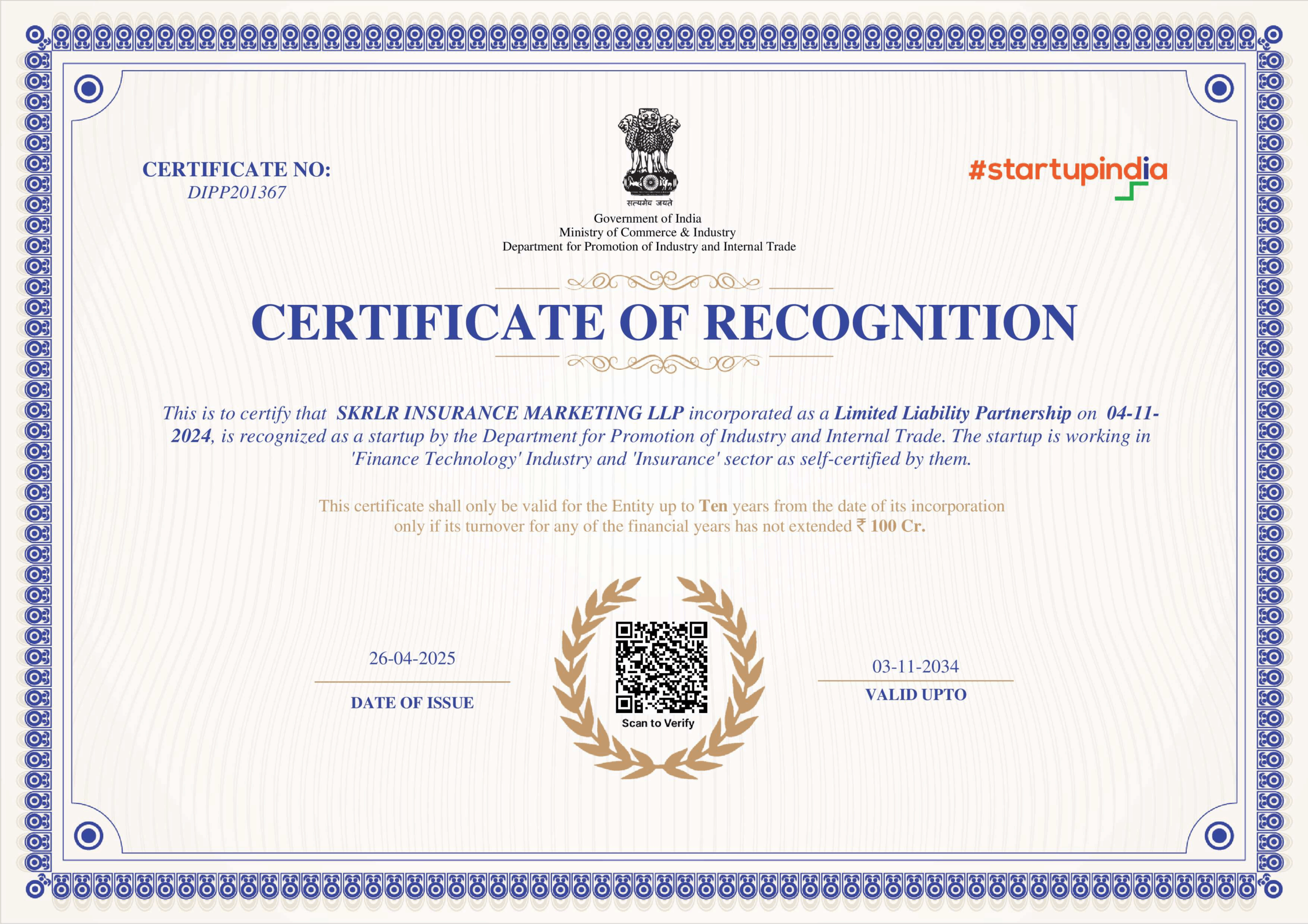 SKRLR Insurance Marketing LLP Achieves DPIIT Startup India Recognition